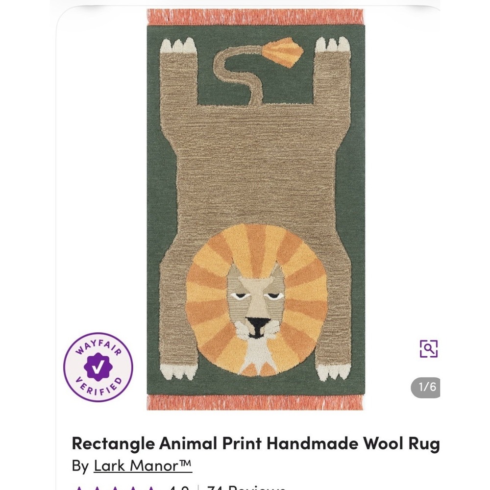 *NEW* Handmade Lion Wool Rug 5' x 7' By Lark Manor